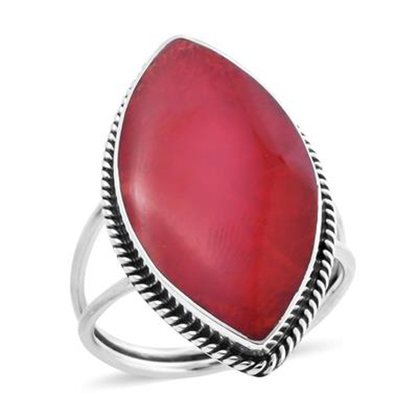 Royal Bali Collection - Red Coral Marquise Ring in Sterling Silver, Silver wt 4.10 Gms