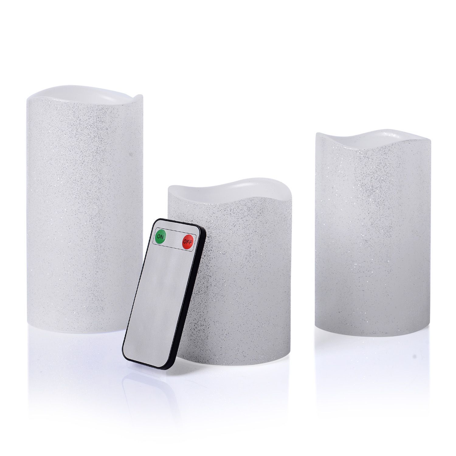 Set of 3 - Silver Colour Flameless Glitter Wax Candles with a Remote Control (Size 7.6x15- 7.6x12- 7
