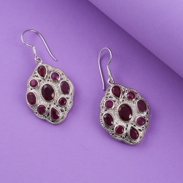 Royal Bali Collection - African Ruby (FF) Fish Hook Earrings in Sterling Silver 12.54 Ct, Silver Wt. 13.45 Gms
