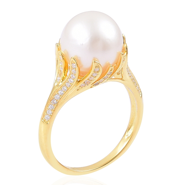South Sea White Pearl (Rnd 11.5-12 mm), White Zircon Ring in Yellow Gold Overlay Sterling Silver