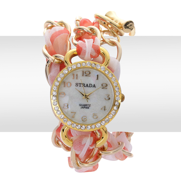 STRADA Japanese Movement MOP Dial White Austrian Crystal Watch in Gold Tone with Pink Strap