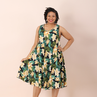 Jovie Viscose Leaf and Flower Printed Sleeveless Dress in Green & Light Brown (Size up to 20)