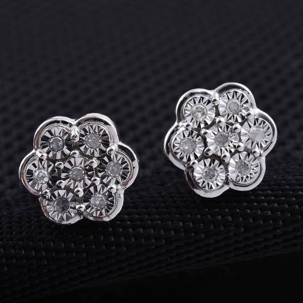 Diamond (Rnd) Floral Stud Earrings in Platinum Overlay Sterling Silver