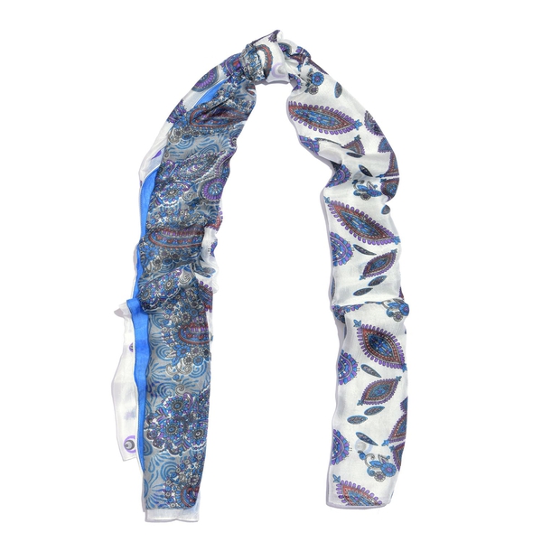 100% Mulberry Silk Blue, White and Multi Colour Handscreen Floral and Paisley Printed Scarf (Size 200X180 Cm)