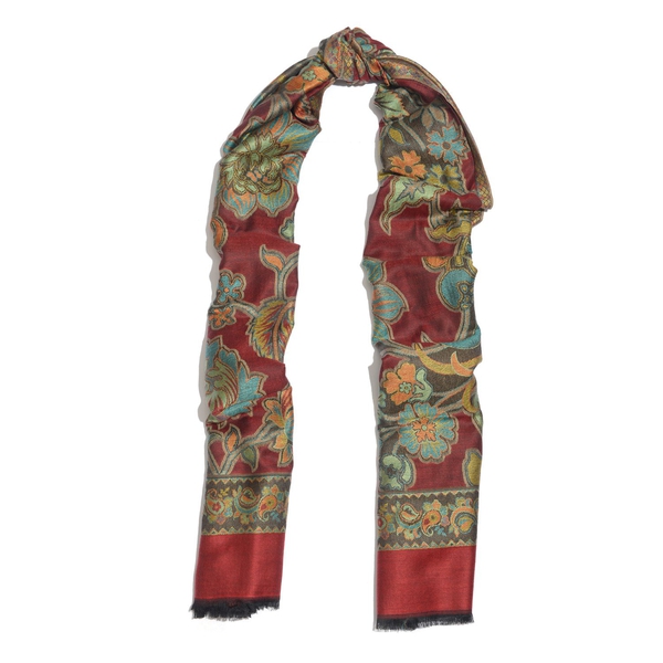 100% Superfine Modal Multi Colour Floral, Leaves and Paisley Pattern Burgundy and Orange Colour Jacquard Scarf (Size 190x70 Cm)