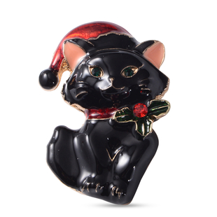 Christmas Red and Green Austrian Crystal Cat Enamelled Brooch in Yellow Gold Tone