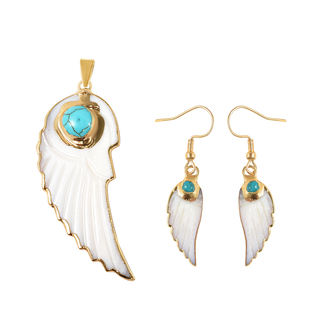 2 Piece Set - Blue Howlite and White Shell Pearl Angel Wing Pendant with Chain (Size 24 with 2 inch 