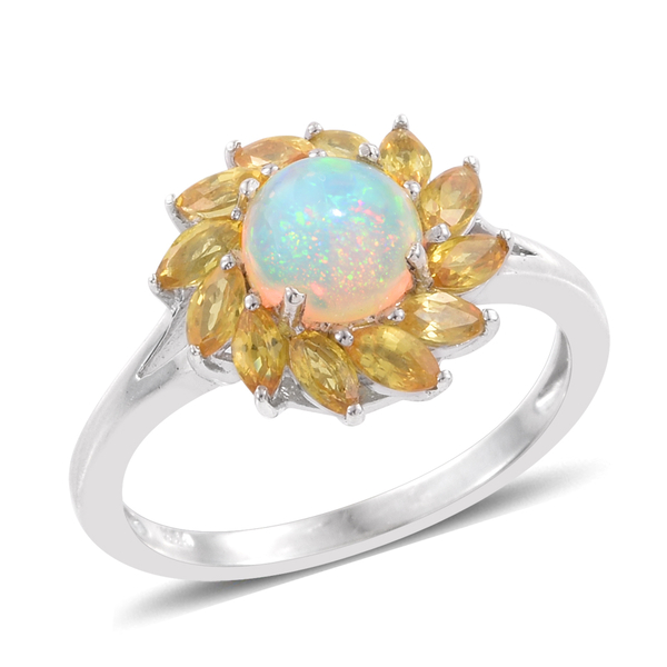 Ethiopian Welo Opal (Rnd), Yellow Sapphire Ring in Platinum Overlay Sterling Silver 2.250 Ct.