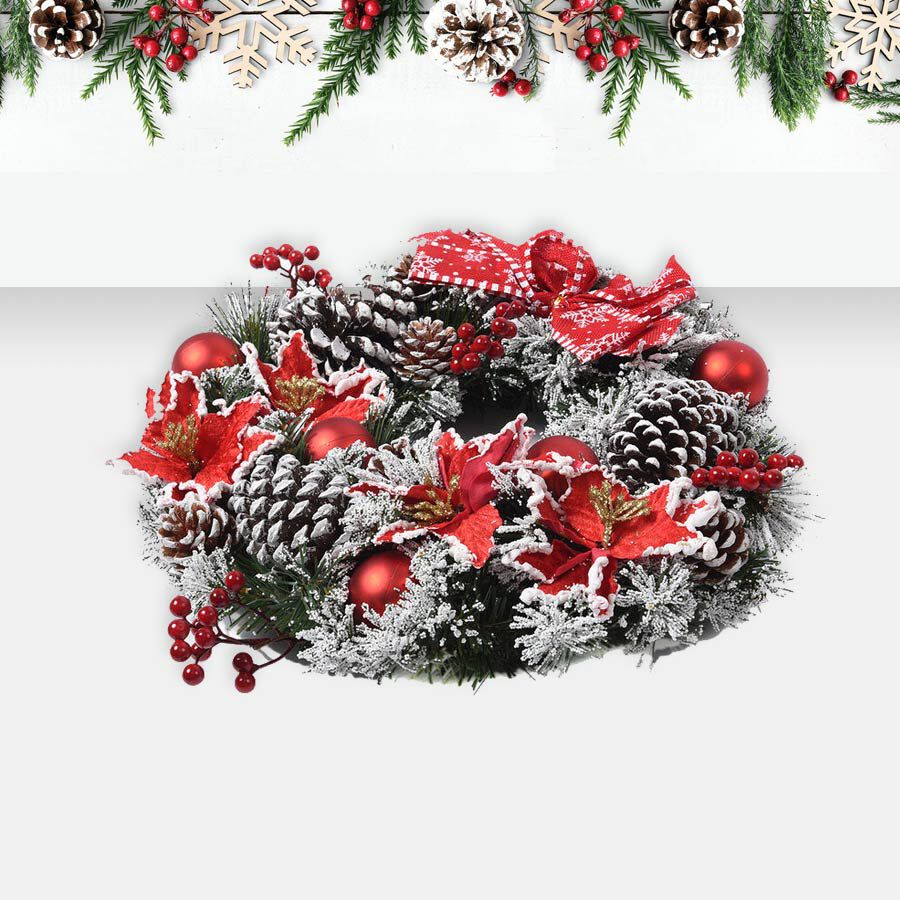 Christmas Multicolor Wreath Snow Flocking Flowers Pine Cone Barriers Bowknot 