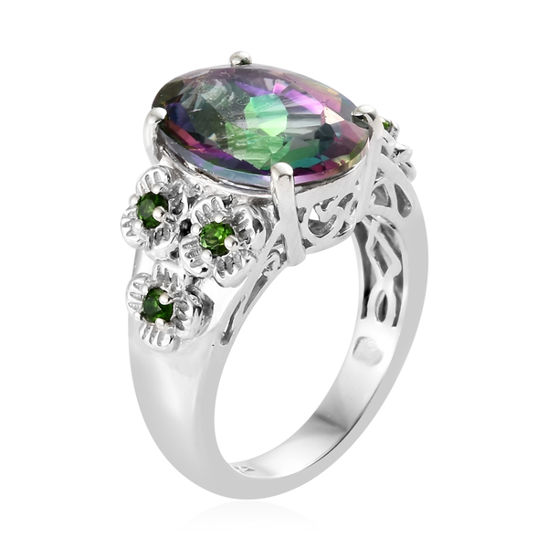 Mystic Green Topaz (Ovl 14x10 mm), Chrome Diopside Floral Ring in Platinum Overlay Sterling Silver 7.250 Ct, Silver wt 5.72 Gms.