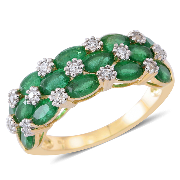 Limited Edition - 9K Y Gold AAA Kagem Zambian Emerald (Ovl), White Zircon Ring 4.000 Ct.