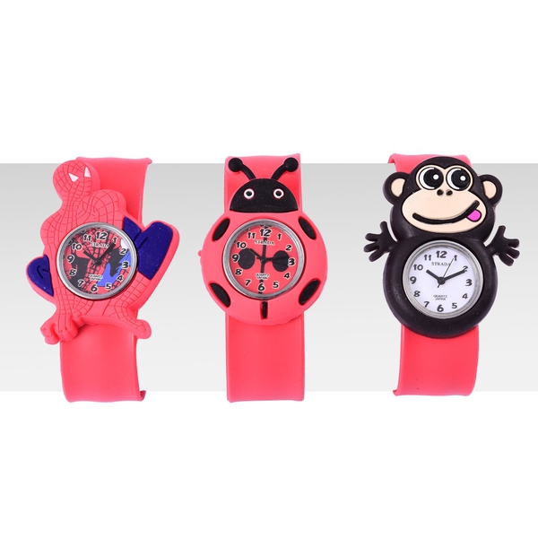 Set of 3 - STRADA Japanese Movement White, Red and Blue Dial Water Resistant Monkey, Beetle and Spiderman Watch with Red Silicone Strap