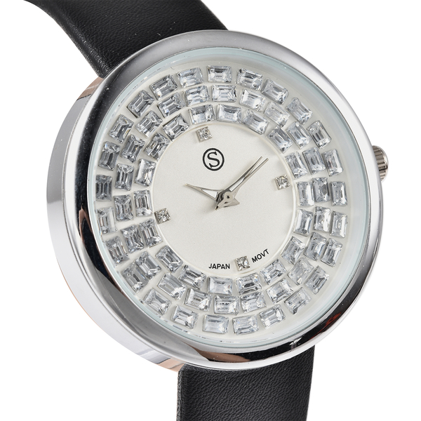 STRADA Japanese Movement White Austrian Crystal and Simulated Diamond Studded Water Resistant Watch in Black Colour Strap