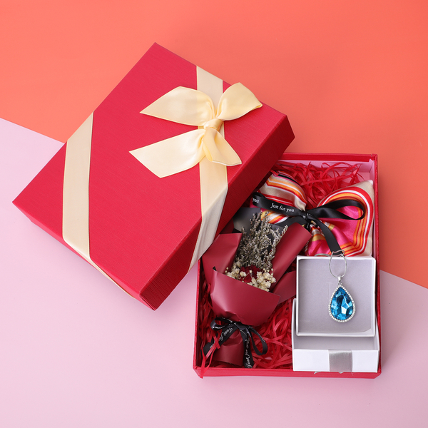 3 Piece Set -Simulated Sky Blue Topaz, White Austrian Crystal Pendant with Chain (Size 24 with 3 inch Extender) in Silver Tone & Fuchsia with Multi Colour Scarf (Size 50 Cm) in Gift Box