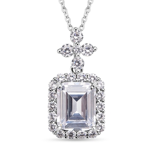 Simulated Diamond Pendant with Stainless Steel Chain (Size 20) in Rhodium Overlay Sterling Silver