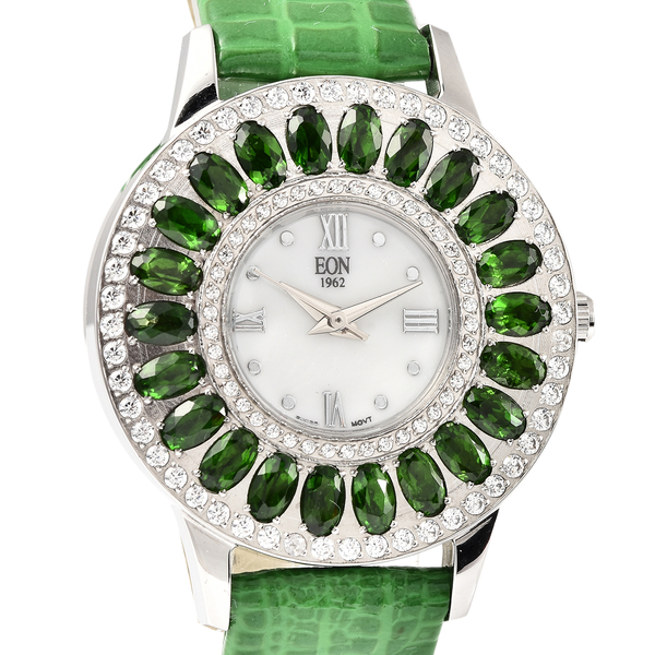 EON 1962 Swiss Movement White Dial Chrome Diopside and Simulated Diamond Studded 3 ATM Water Resistant Watch with Green Leather Strap
