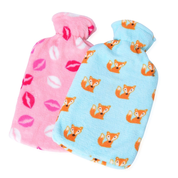 Set of 2 - Hotwater Light Blue, Pink and Multi Colour Fox and Lips Pattern Flannel Bottle Cover and 