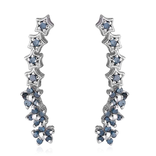 Blue Diamond (Rnd) Climber Earrings in Platinum Overlay Sterling Silver 0.250 Ct.