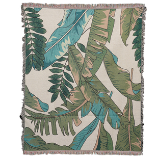 TLV - Cotton Jacquard Woven Tropical Leaf Print Throw with Fringes - Green