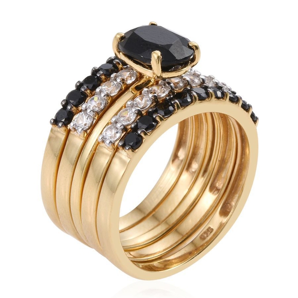 Set of 5 4.50 Carat Black Spinel, Natural Cambodian Zircon Silver Stacker Rings in Gold Overlay.