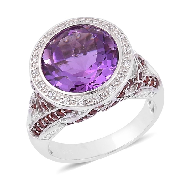 Amethyst (Rnd 6.25 Ct), Mozambique Garnet and White Zircon Ring in Rhodium Plated Sterling Silver 7.
