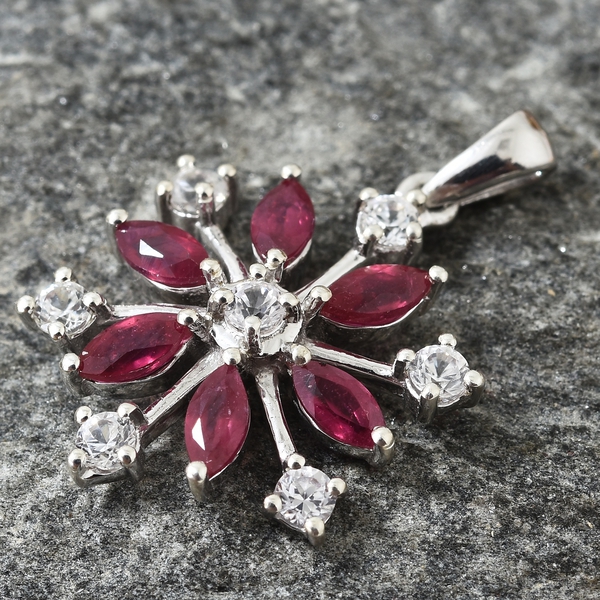 AA African Ruby (Mrq), Natural Cambodian Zircon Snowflake Pendant in Platinum Overlay Sterling Silver 1.750 Ct.