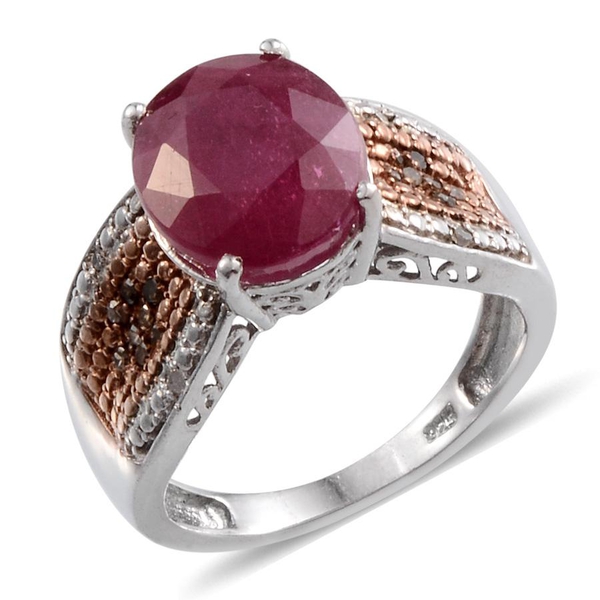 African Ruby (Ovl 6.25 Ct), Champagne and White Diamond Ring in Platinum Overlay Sterling Silver 6.4