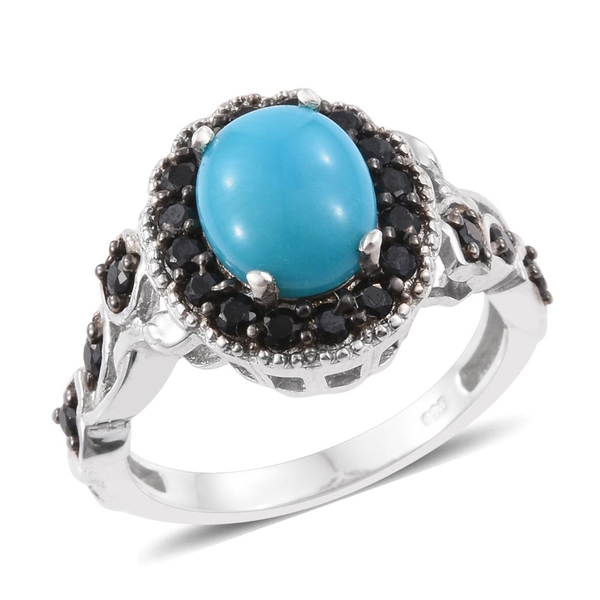 3.35 Ct Sleeping Beauty Turquoise and Boi Ploi Black Spinel Halo Ring in Platinum Plated Silver