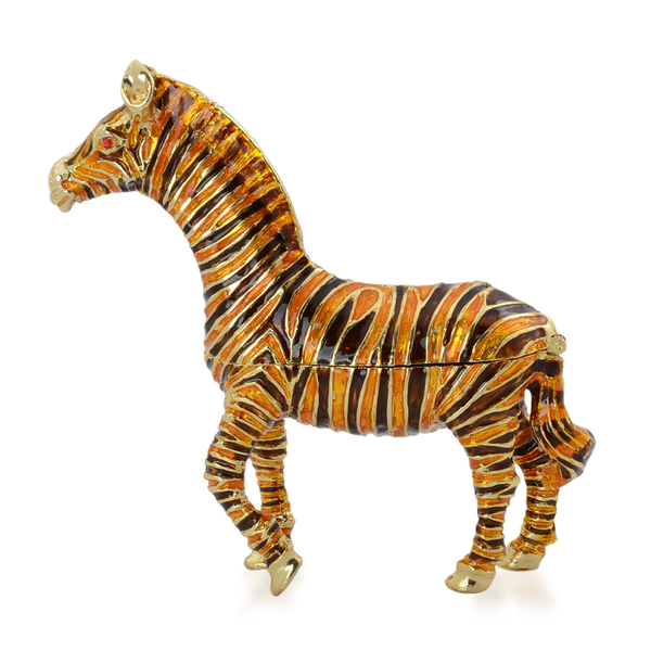 Brown and Yellow Colour Enameled Zebra Shape Trinket Box in Gold Tone with Simulated Red Stone