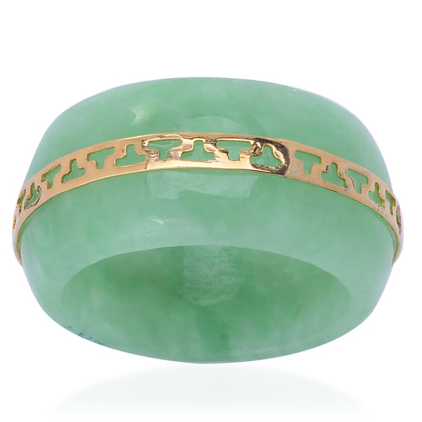 Green Jade Band Ring with Engraved Yellow Gold Overlay Sterling Silver 22.100 Ct.