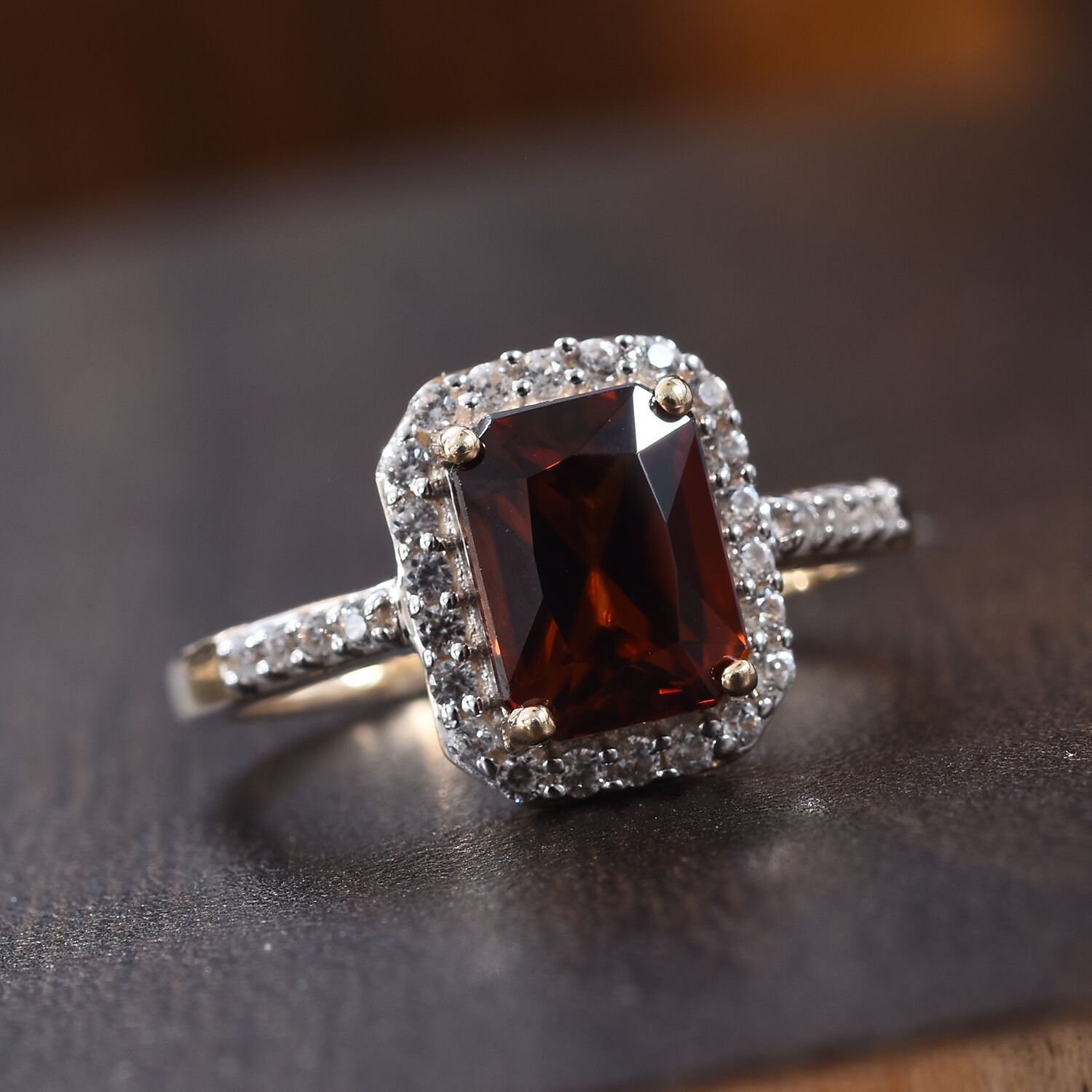 9K Yellow Gold Radiant Cut Red Zircon and Natural Cambodian Zircon Ring 2.85 Ct.
