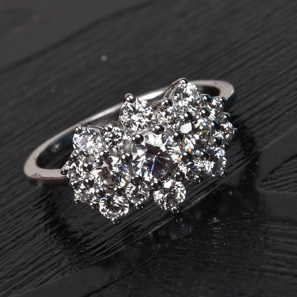 Lustro Stella - Platinum Overlay Sterling Silver Cluster Ring Made with Finest CZ 2.35 Ct.