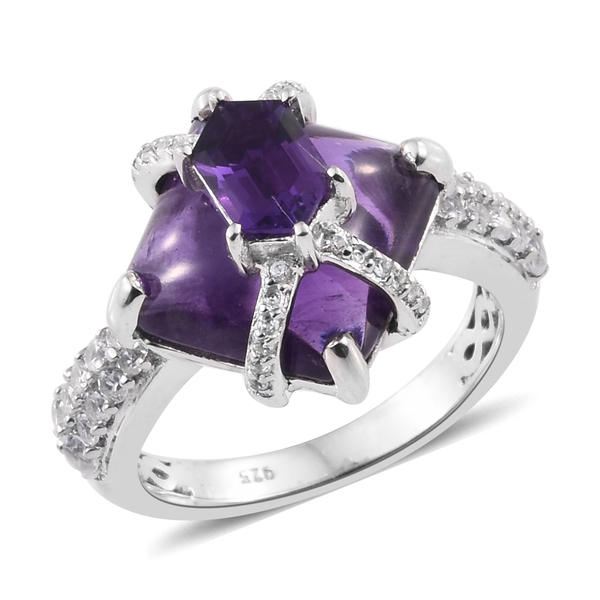 8 Carat Amethyst and Zircon Geometric Design Ring in Platinum Plated Sterling Silver