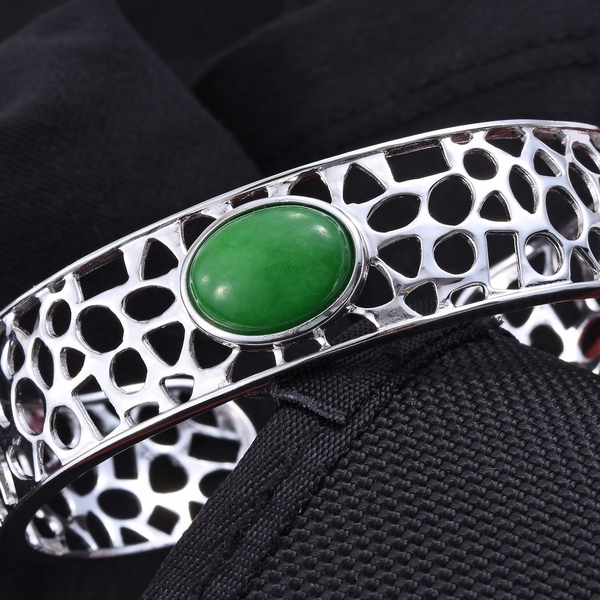 Green Jade (Ovl) Cuff Bangle (Size 7.5) in ION Plated Platinum Bond 10.750 Ct.