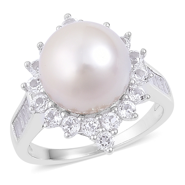 South Sea White Pearl and White Topaz Halo Ring in Rhodium Plated Silver