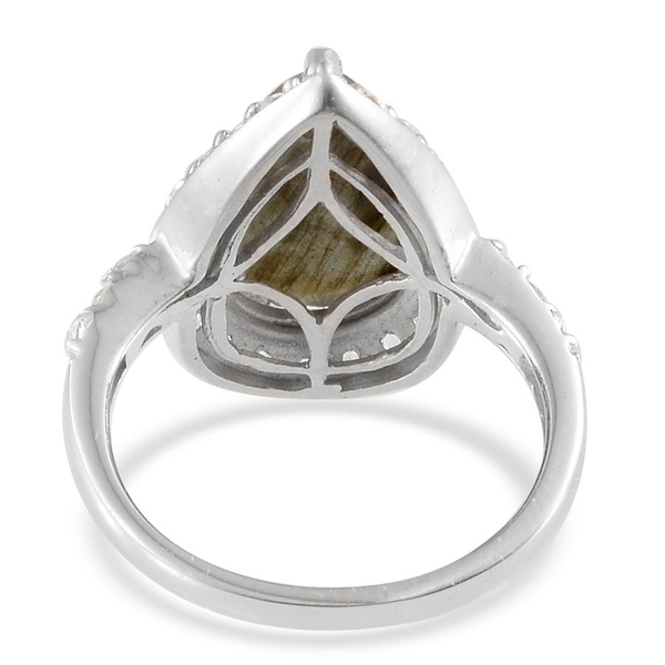 Labradorite (Pear 5.75 Ct), White Topaz Ring in Platinum Overlay Sterling Silver 6.900 Ct.