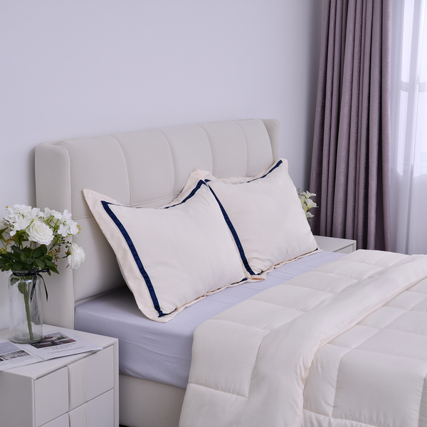 3 Piece Set - SERENITY NIGHT Square Pattern 1 Comforter (Size 225x220Cm) and 2 Pillow Case (Size 50x70Cm) - Cream & Navy
