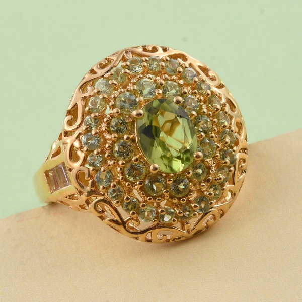 GP Hebei Peridot (Ovl 1.27 Ct), White Topaz and Kanchanaburi Blue Sapphire Ring in 14K Gold Overlay Sterling Silver 3.000 Ct. Silver wt 6.20 Gms.
