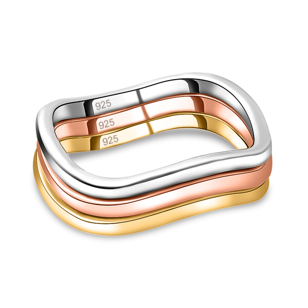 Set of 3 - Tricolour Overlay Sterling Silver Wave Stackable Band Ring