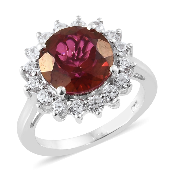 Mystic Peony Topaz (Rnd), Natural Cambodian Zircon Halo Ring in Platinum Overlay Sterling Silver 5.5