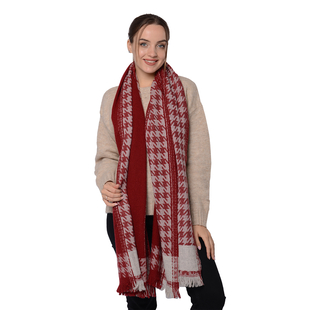Close Out Deal LA MAREY Super Soft 100% Wool Shawl in Burgundy Houndstooth Pattern with Tassels (200x69+5cm)