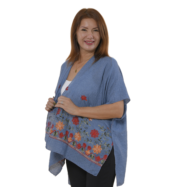 Tamsy Floral Embroidery Kimono (One Size) - Blue