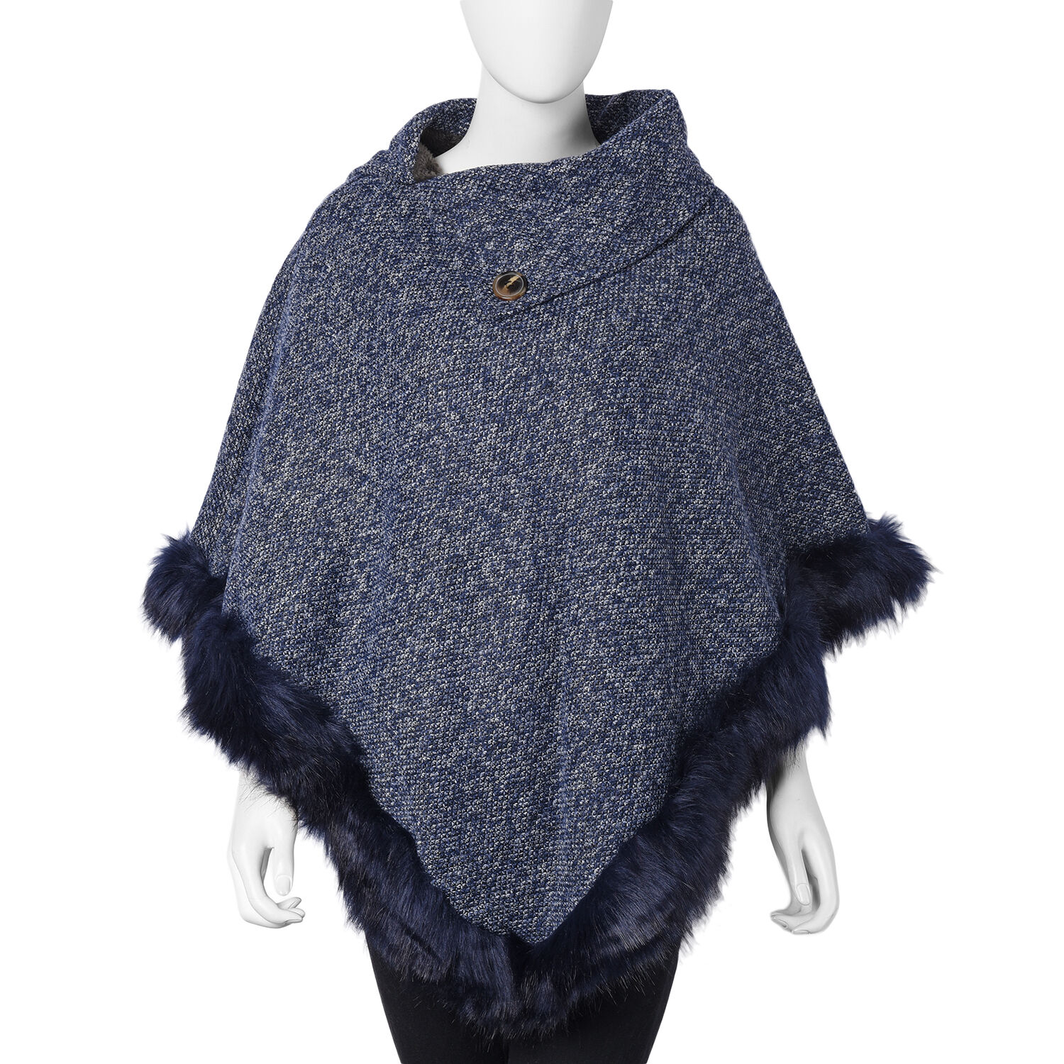 Faux Fur Warm Poncho with Fluffy Edges Size 80x90 Cm- Navy