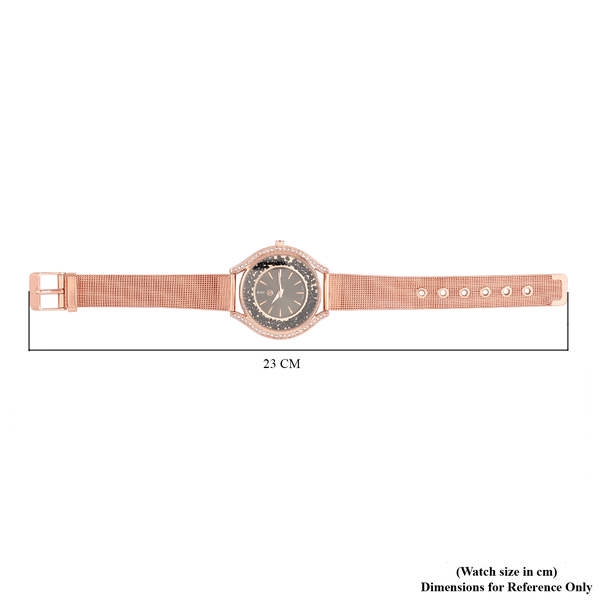 STRADA Japanese Movement Black Dial White & Black Crystal Studded Water Resistant Watch in Rose Gold Colour Mesh Belt