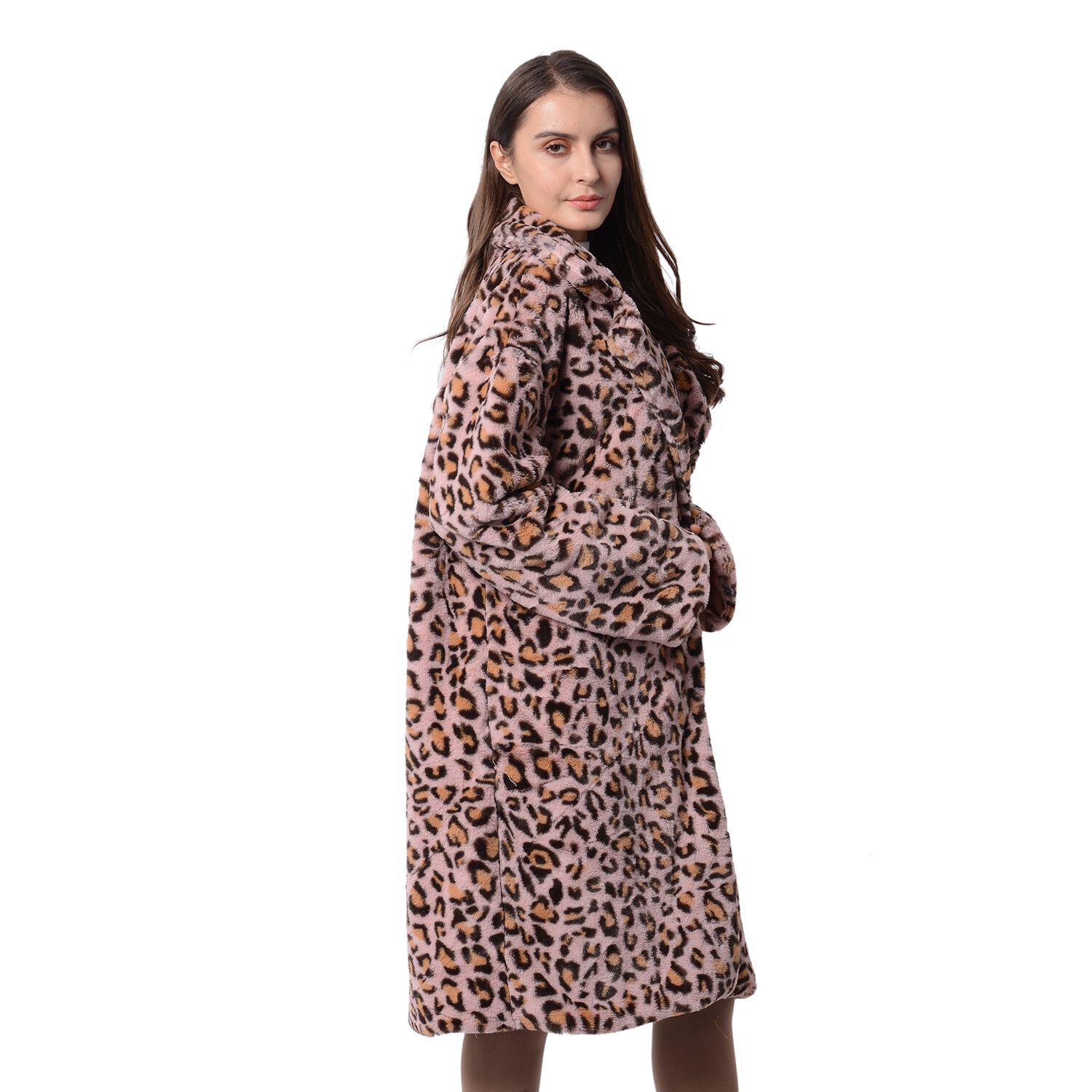 Pink and Black Colour Leopard Print Pattern Faux Fur Long Coat (Size XXL to XXXL)