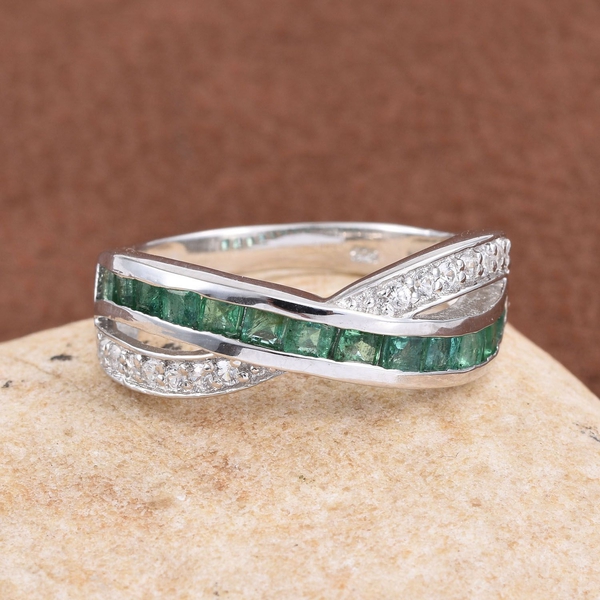 Kagem Zambian Emerald (Sqr), Natural Cambodian Zircon Criss Cross Ring in Platinum Overlay Sterling Silver 1.250 Ct.