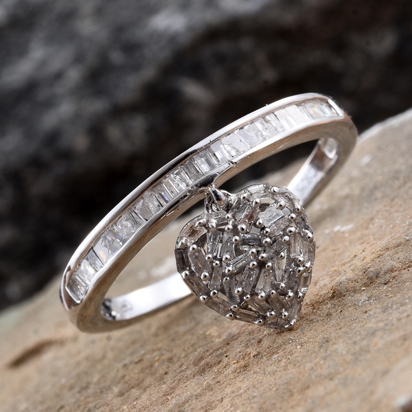 GP Diamond (Bgt) Heart Charm Ring in Platinum Overlay Sterling Silver 0.530 Ct.