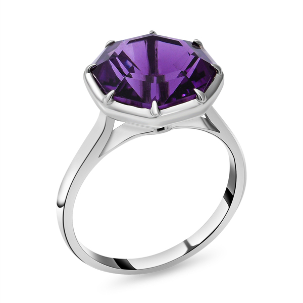 OCTILLION CUT Lusaka Amethyst Solitaire Ring in Rhodium Overlay Sterling Silver 6.45 Ct.
