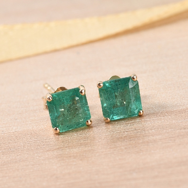 9K Yellow Gold AAA Kagem Zambian Emerald Solitaire Stud Earrings (with Push Back) 1.05 Ct.