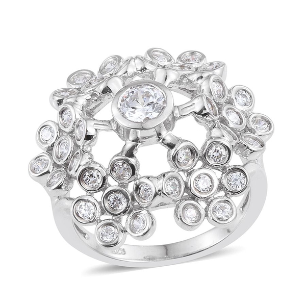 Lustro Stella - Platinum Overlay Sterling Silver (Rnd) Floral Ring Made with Finest CZ. Silver wt. 8